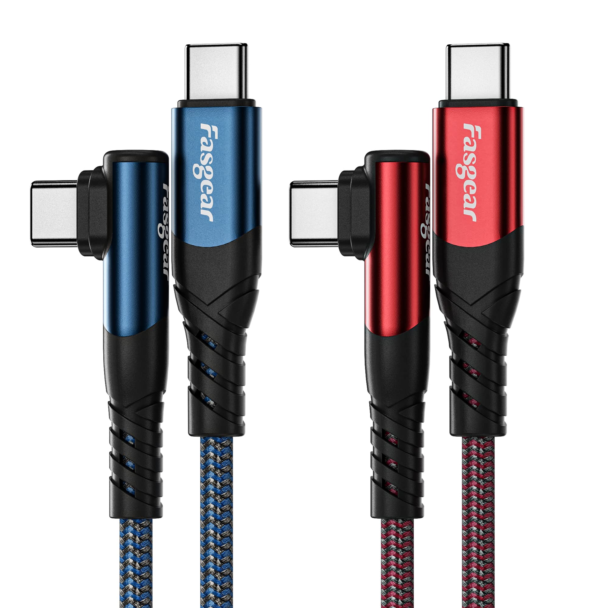 Fasgear USB C to USB C cable, 2 Pack 3m 60W Type C to Type C Right Angle 90 Degree, PD Fast Charging Charger Lead Compatible for Galaxy S24 S23 Mac-Book i-Pad Pro (10ft, Blue&Red)