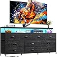 55" W Dresser for Bedroom with 10 Drawers Long Dresser with LED Lights & Power Outlets Wide Dressers & Chests of Drawers Large Storage Organizer for Bedroom, Metal Frame, Wood Top, Charcoal Black