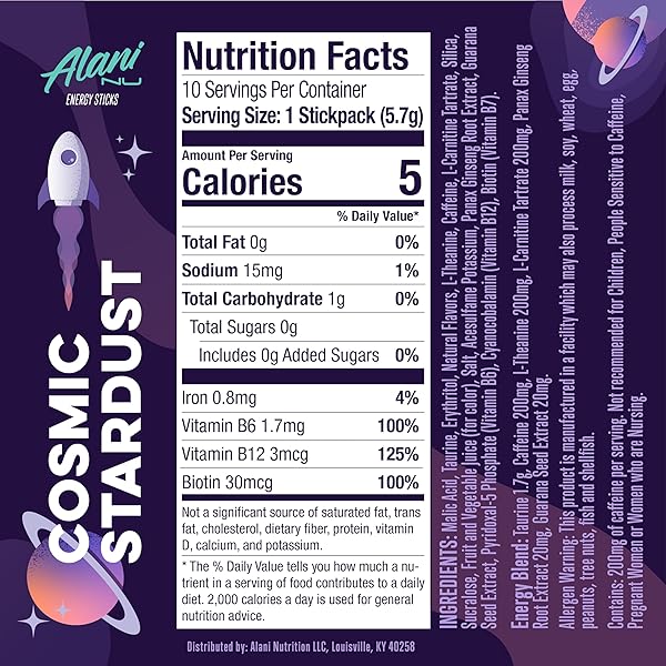 ALANI NU COSMIC STARDUST, ENERGY STICKS DRINK POWDER, 200MG CAFFEINE, PRE WORKOUT PERFORMANCE WITH ANTIOXIDANTS, ON-THE-GO DRINK MIX, BIOTIN, B VITAMINS, ZERO SUGAR, 5 CALORIES, 10 PACK
