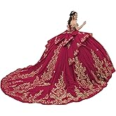 XYAYE Glitter Tulle Quinceanera Dresses with Big Bow Gold Lace Off Shoulder Sweet 16 Dresses Puffy Beading Applique Ball Gown