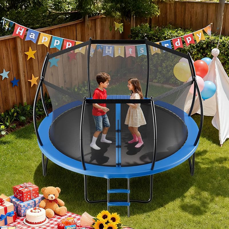 Trampolim ao ar livre 305 x 236 cm, trampolim infantil com rede protetora e almofada grossa, capacidade máxima de 150 kg, trampolim exterior, presente de aniversário para crianças