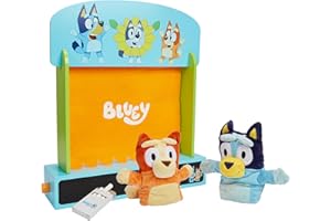 Bluey Wooden Puppet Theater for Kids Playset, 20" Kids Pretend Stage Puppets, Interchangeable Fabric Backdrops & Roll-Down Curtain