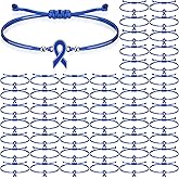 Huquary 80 Pcs Colon Cancer Awareness Bracelets Adjustable Blue Ribbon Cord Ribbon Braided Bracelet Motivational Cancer Awareness Advocacy Gift for Women Men Fighters