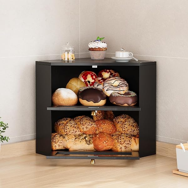 TRIRONSUN CORNER BAMBOO BREAD BOX FOR KITCHEN COUNTER DOUBLE LAYER BREAD STORAGE CONTAINER LARGE CAPACITY BREAD STORAGE BIN WITH WAVY ARCYLIC TRANSPARENT DOOR (BLACK)