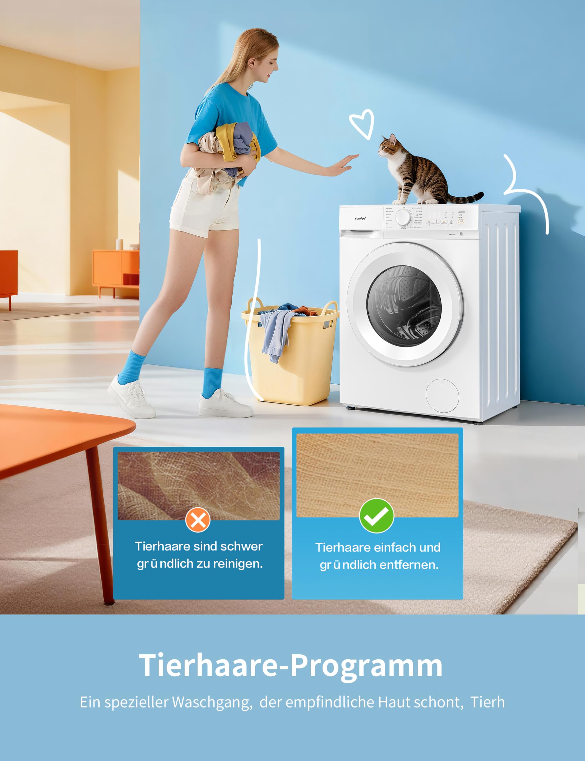 Comfee Waschmaschine 8kg, Washing machine mit Tierhaar-Programm & Dampffunktion,16 Programme,Energy Efficiency Class A-10%,Nachlegefunktion, Leise & Energiesparend, CF08EWP05W, Weiß 5