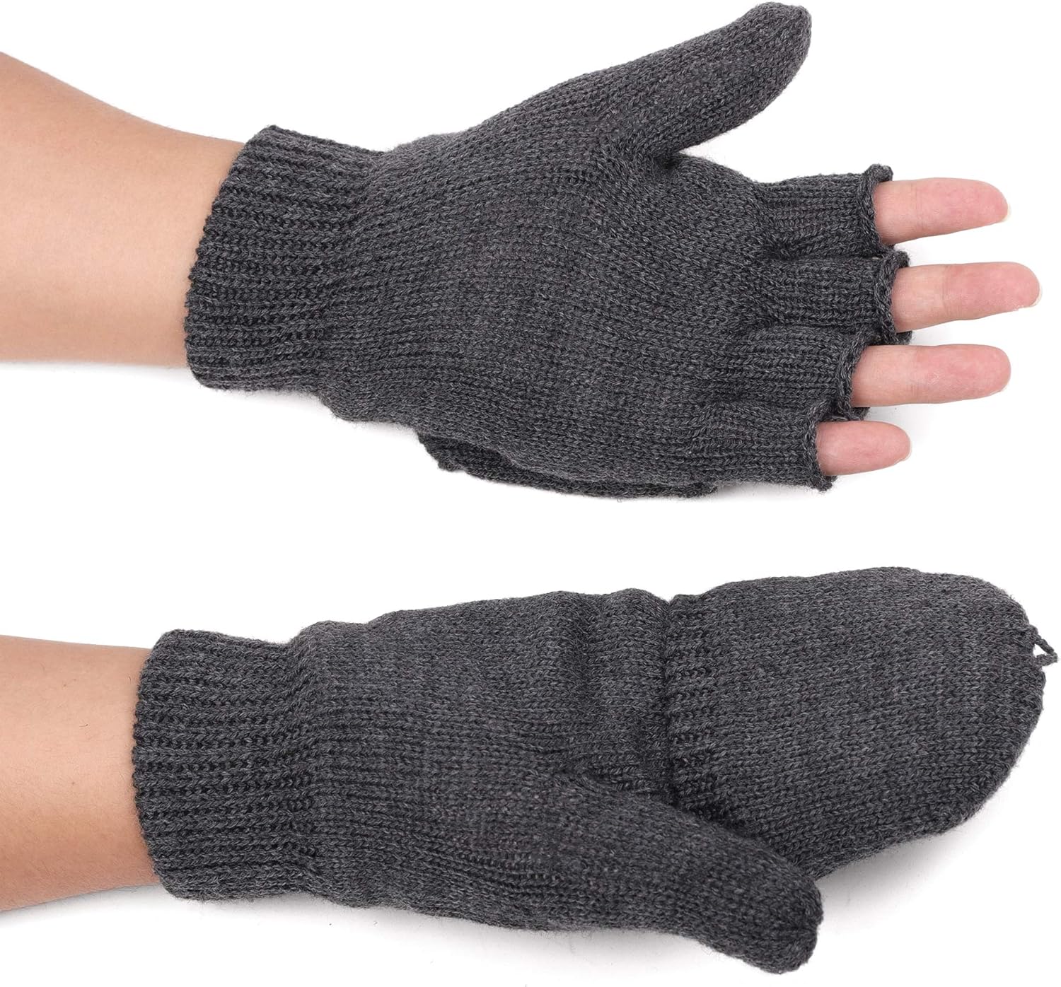 Flammi Men's Convertible Mittens Thinsulate Insulation Fleece Lined Warm Knit Half Fingerless Gloves with Mitten Cover (Dark Grey) at  Men’s Clothing store