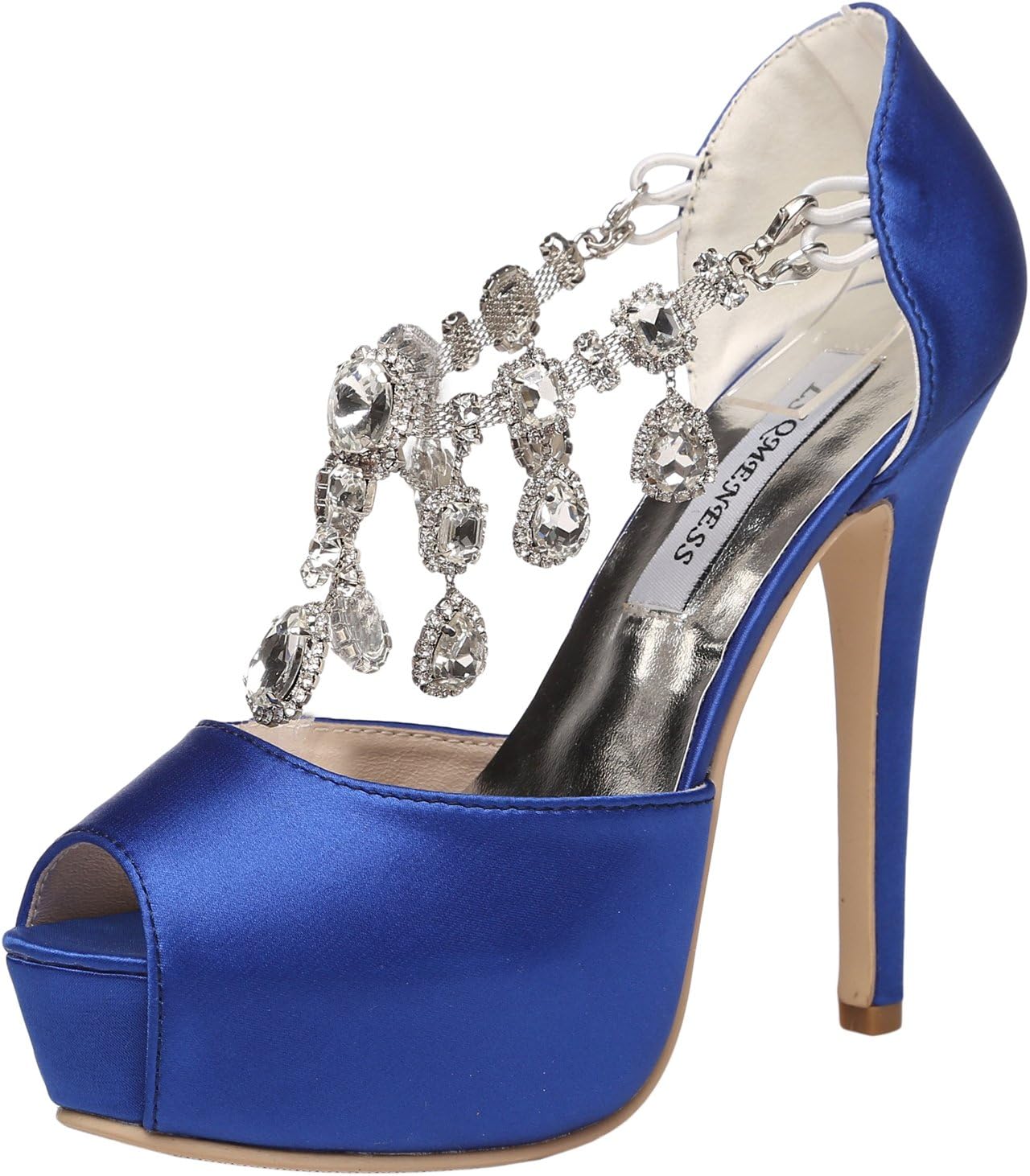JIAME Womens Peep Toe Stiletto High Heel Platform Pumps T Strap Satin Rhinestones Wedding Bridal Shoes (8.5BM(US)(Asia 40), Blue)