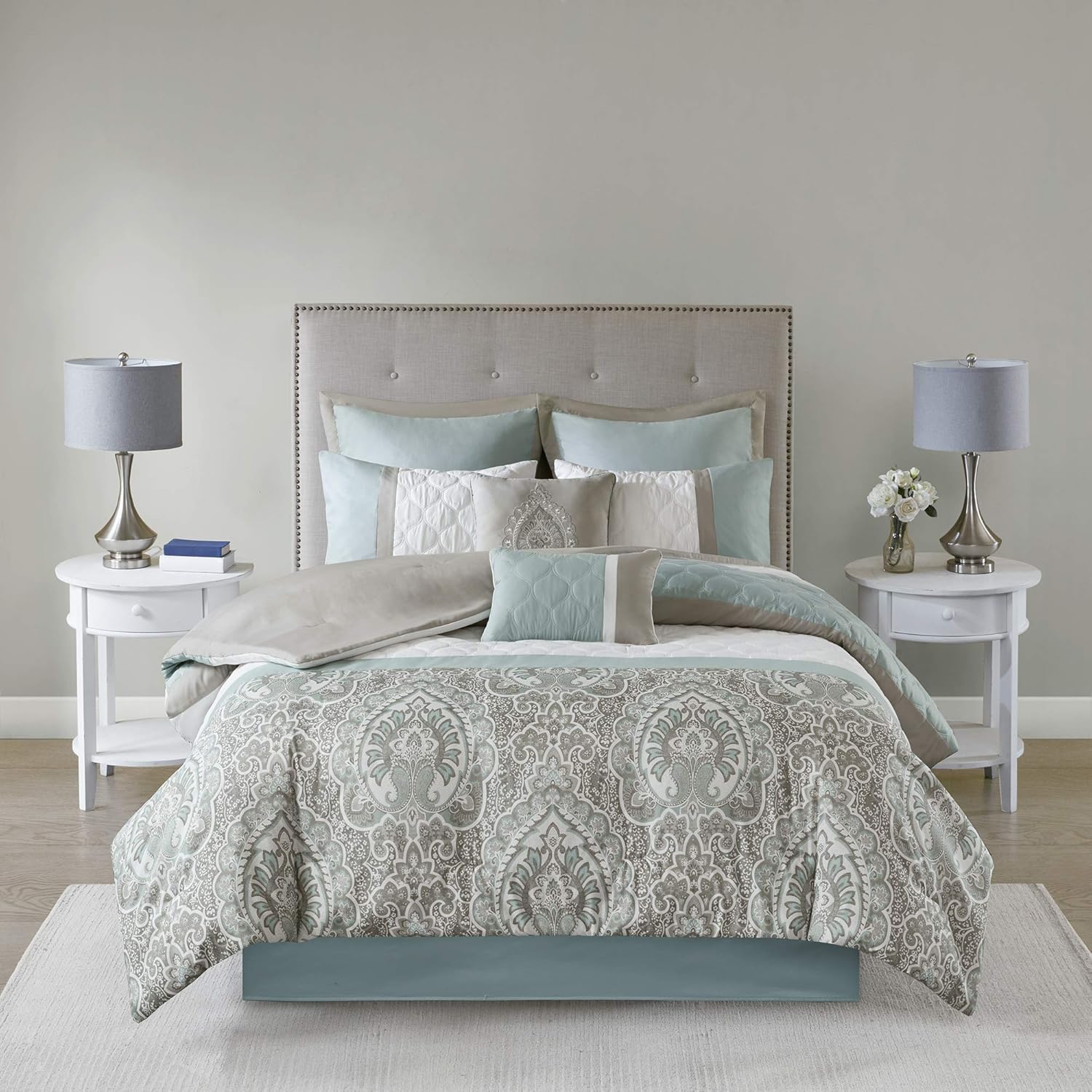 510 DESIGN Shawneel 8 Piece Bedding Comforter Set for Bedroom, King Size, Seafoam: Home & Kitchen