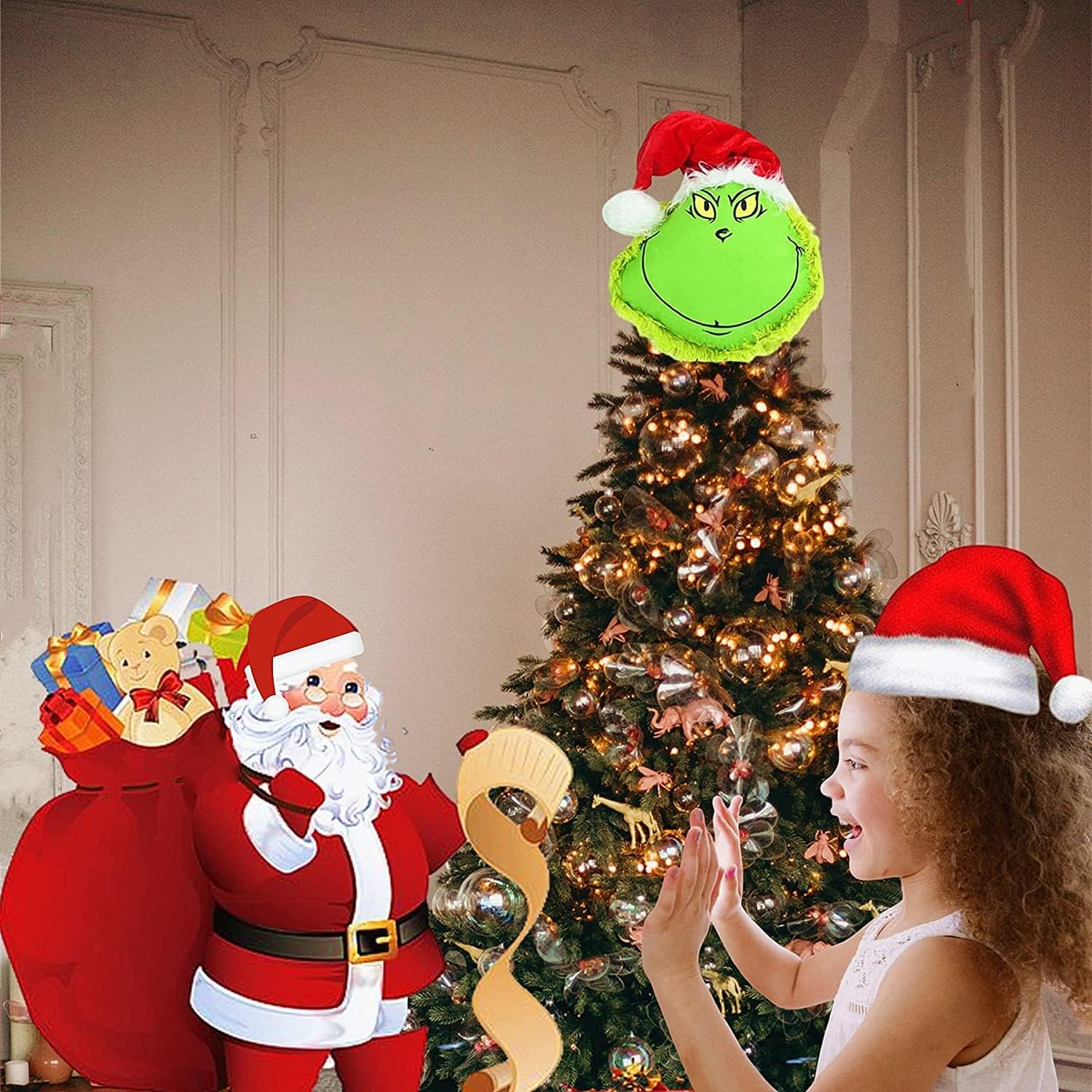 Tree Toppers - Christmas Elf Body Tree Decorations, Christmas Green Monster Stole Xmas Tree Topper, Pose-able Christmas Elf Stuffed Leg Arm and Head for Christmas Tree Hanging Ornament (Head, 16x14 inch)