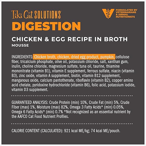 TIKI CAT SOLUTIONS DIGESTION MOUSSE, CHICKEN & EGG RECIPE IN BROTH, FORMULATED TO SUPPORT HEALTHY DIGESTION, FUNCTIONAL WET CAT FOOD, 2.4 OZ. POUCH (12 COUNT)