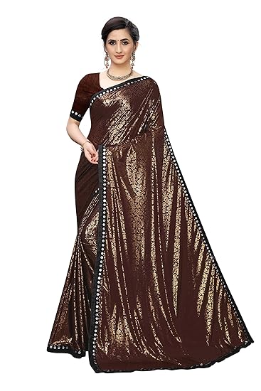 Brown Color Lycra Golden Flower Print Saree With Blouse Piece (MITHUNJAY_BROWN_Free Size)