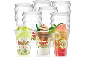 Cinrobiye 50Pcs Christmas Party Cups 12 oz Green & Red Clear Disposable Plastic Cup Bulk Green Christmas Cup for Xmas Winter Holiday Birthday Carnival Dinner Coffee Juice Hot Cold Drink Party Supplies