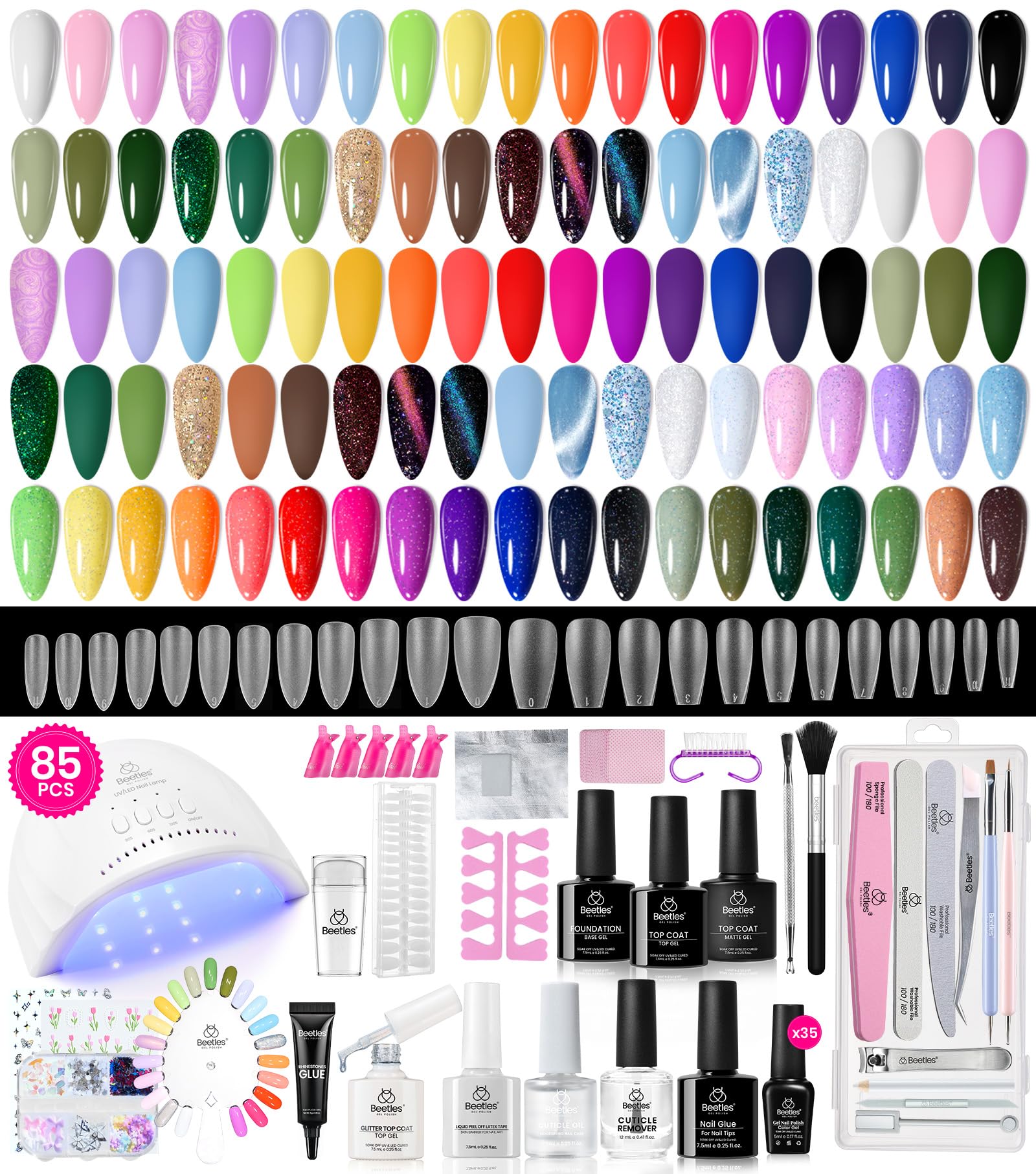 beetles 85 Pcs Spring Gel Nail Polish Kit with UV Light - 35 Colors All in One Manicure Kit, Travel Diary Collection Beetles Gel X Nail Gel Polish Set with Nail Tools for Beginners - Image 7