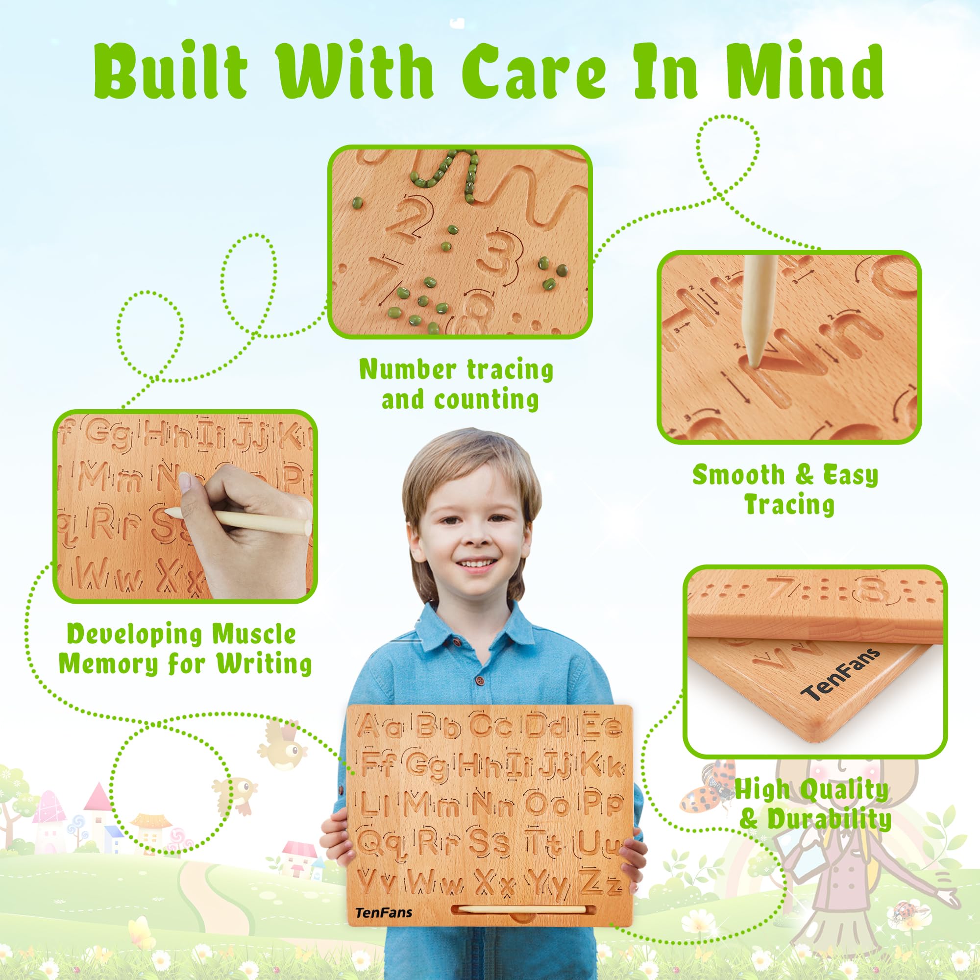 TanFans Wooden Alphabet Tracing Board - Montessori Educational Toy for Preschool - Fine Motor Skills Development - Learn to Write ABC - Double-Sided Letter Practice Tool - Ideal Gift for 3-5 Years Old