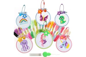 Cross Stitch Beginner Kit for Kid 6Pcs Embroidery Kit for Kids Sewing Starter Kit with Embroidery Patterns for Backpack Charm