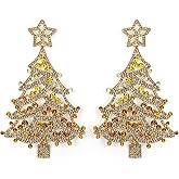 Flyonce Christmas Tree Earrings, Sparkly Rhinestone Crystal Large Statement Wishing Tree Drop Dangle Earring Xmas Festival Holiday Jewelry Gift for Women Red Green Gold-Tone