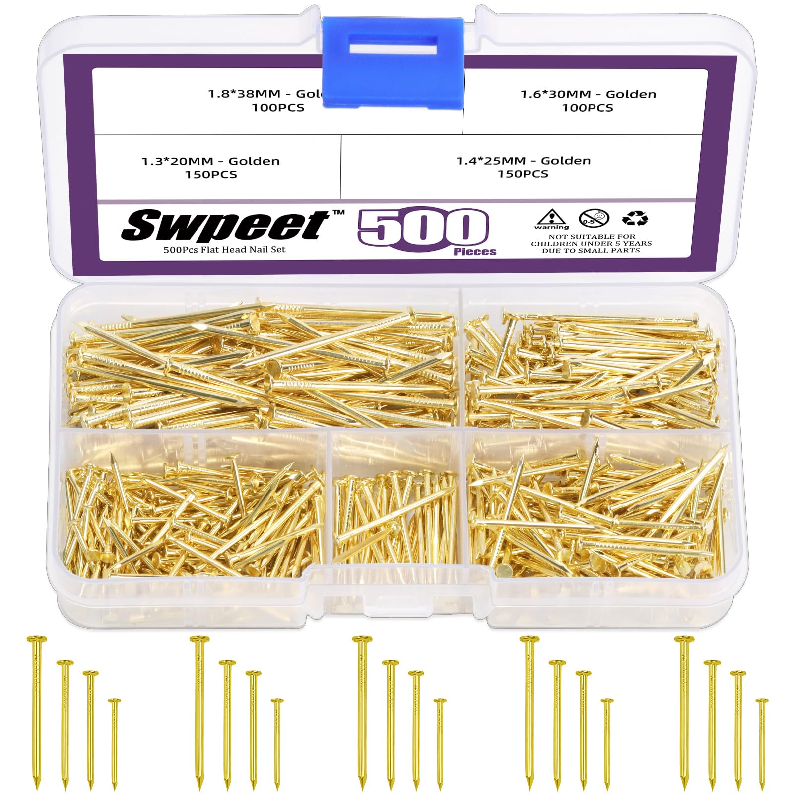 Swpeet 500Pcs 4 Sizes Hardware Nails Assortment Kit, Gold Galvanized Nails, Small Nails, Pin Nails, Finishing Nails, Nails for Hanging, Wall Nails for Hanging Pictures