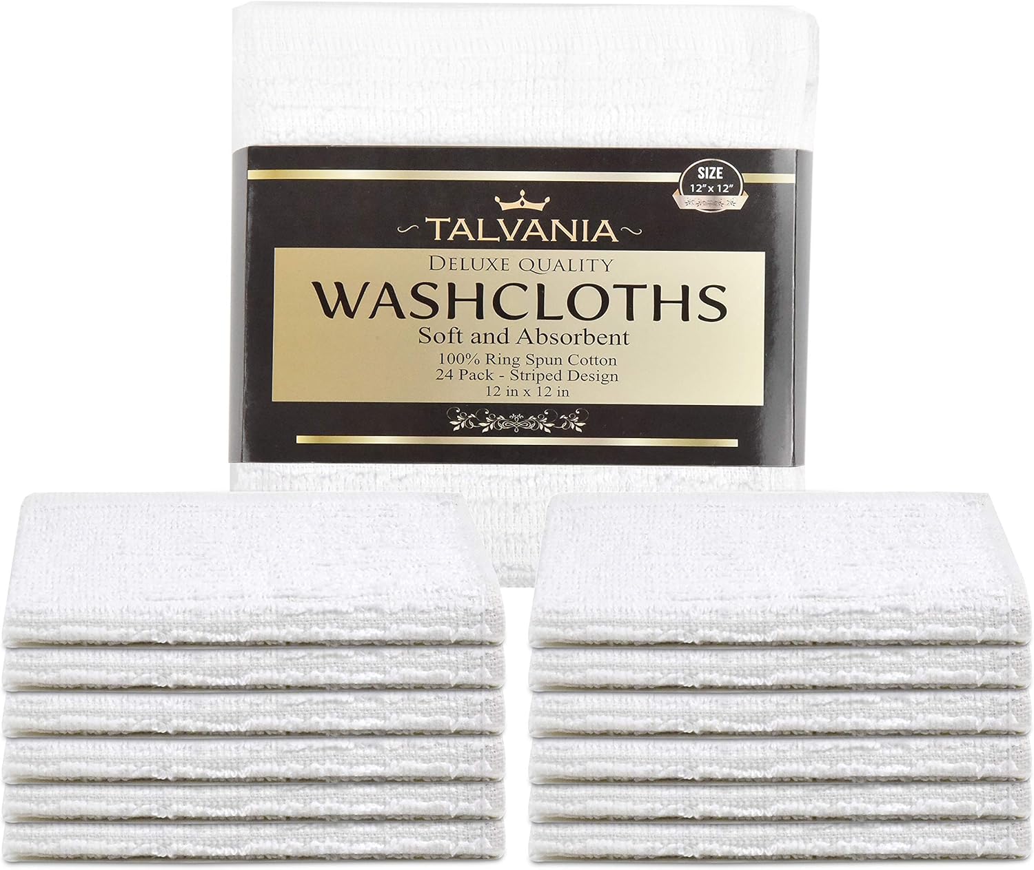 Talvania White Cotton Washcloths - Pack of 24 - Super Absorbent Ribbed Terry Towels Ideal for Body Scrub Gym Spa Multi-Purpose Home Kitchen Cleaning Towel - 12 X 12 Wash Cloth - 100% Ring Spun Cotton: Kitchen & Dining