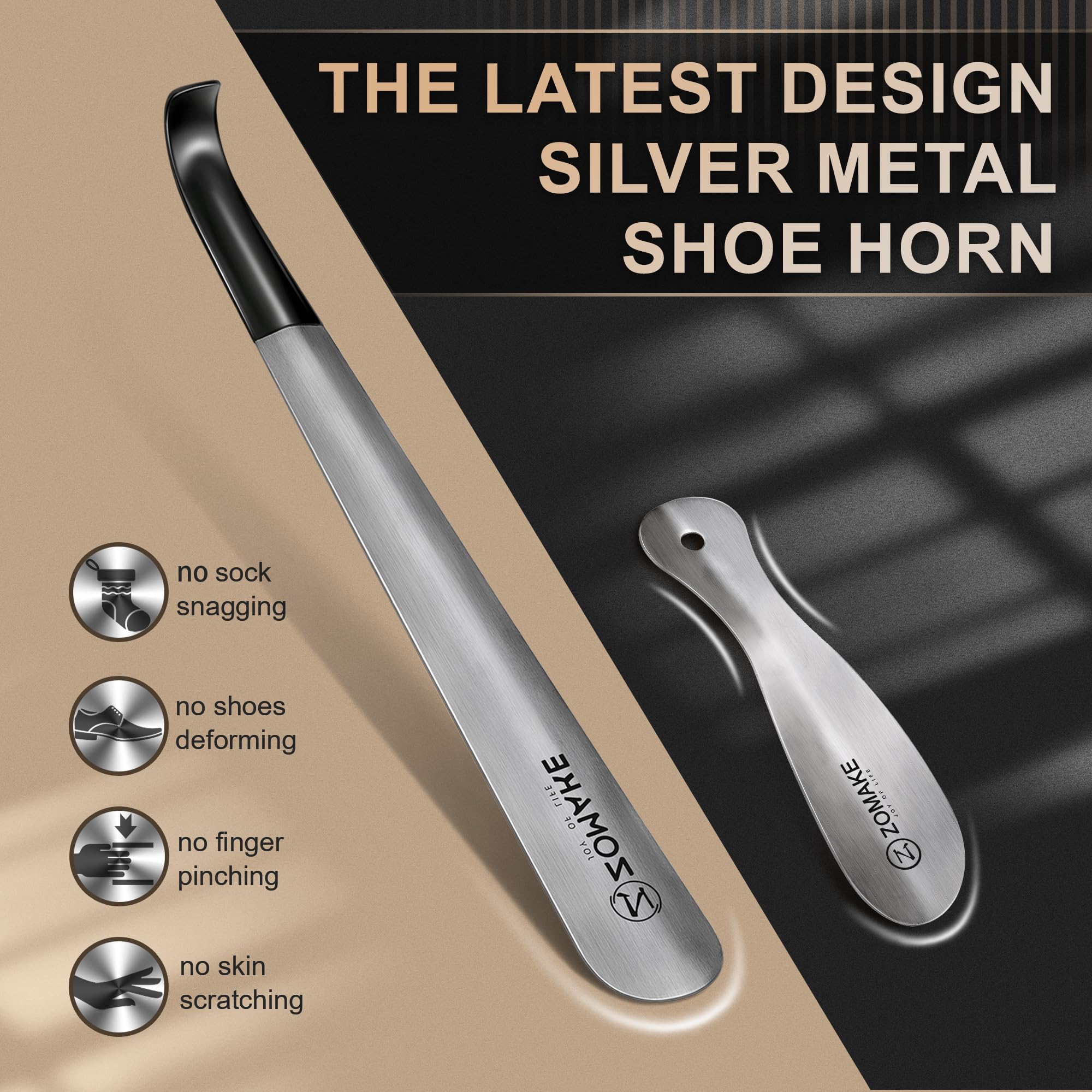 ZOMAKE ZOMAKE Metal Shoe Horn Long Handled with Handle for Seniors, 16.5 inch & 7.5 inch Stainless Steel Small Shoehorn with Hook for Men, Women, Kids(Silver, Pack of 2)