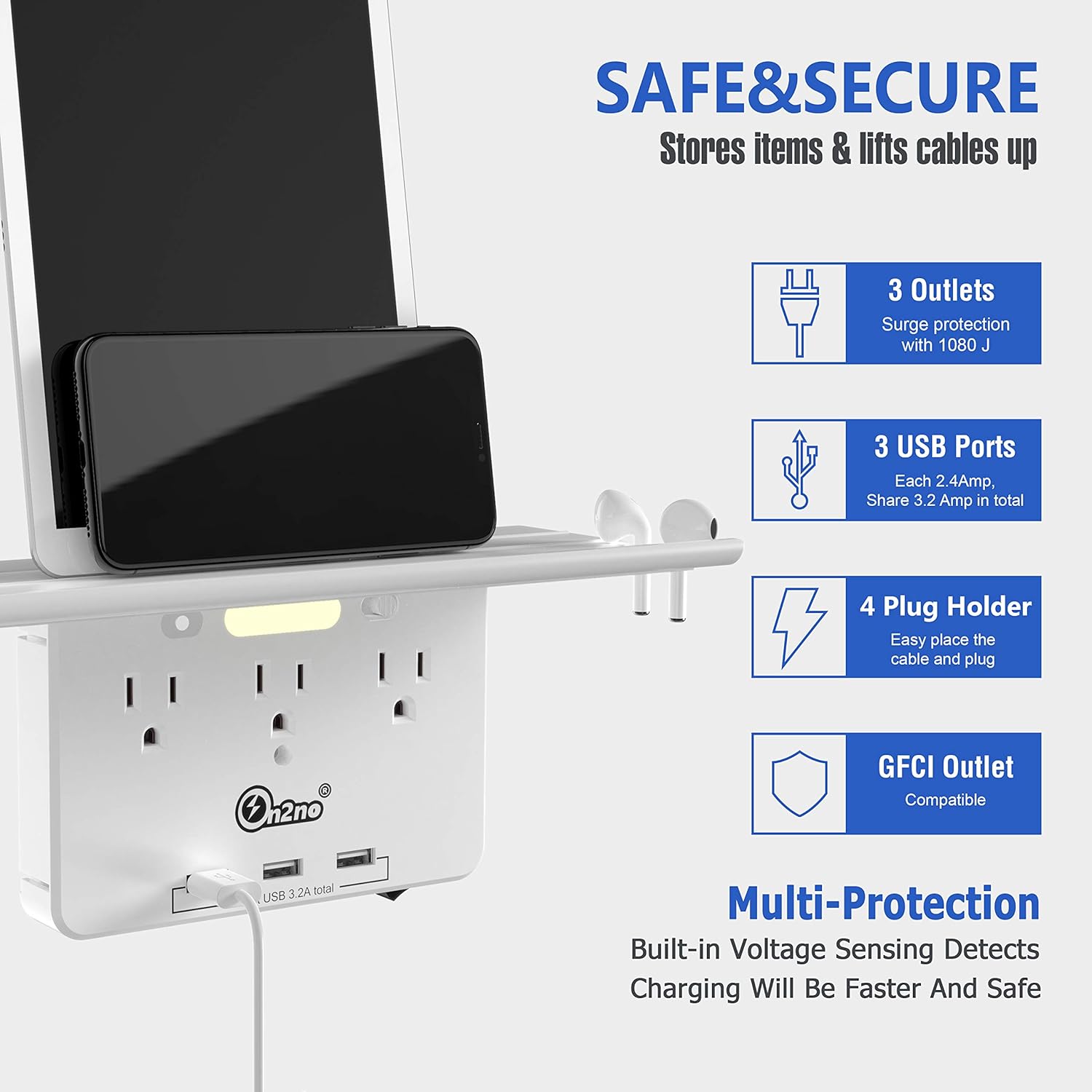 Outlet Shelf -ON2NO Wall Outlet Extender with All Around Built-in Shelf, Multi Plug Outlet Surge Protector with Smart Night Light, 3 USB Charging Ports, 3AC Power Outlet Splitter - - 