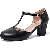 Peijely Women's T-Strap Mary Jane Pumps, Block Heel, Closed Toe, Dress Shoes with Buckle