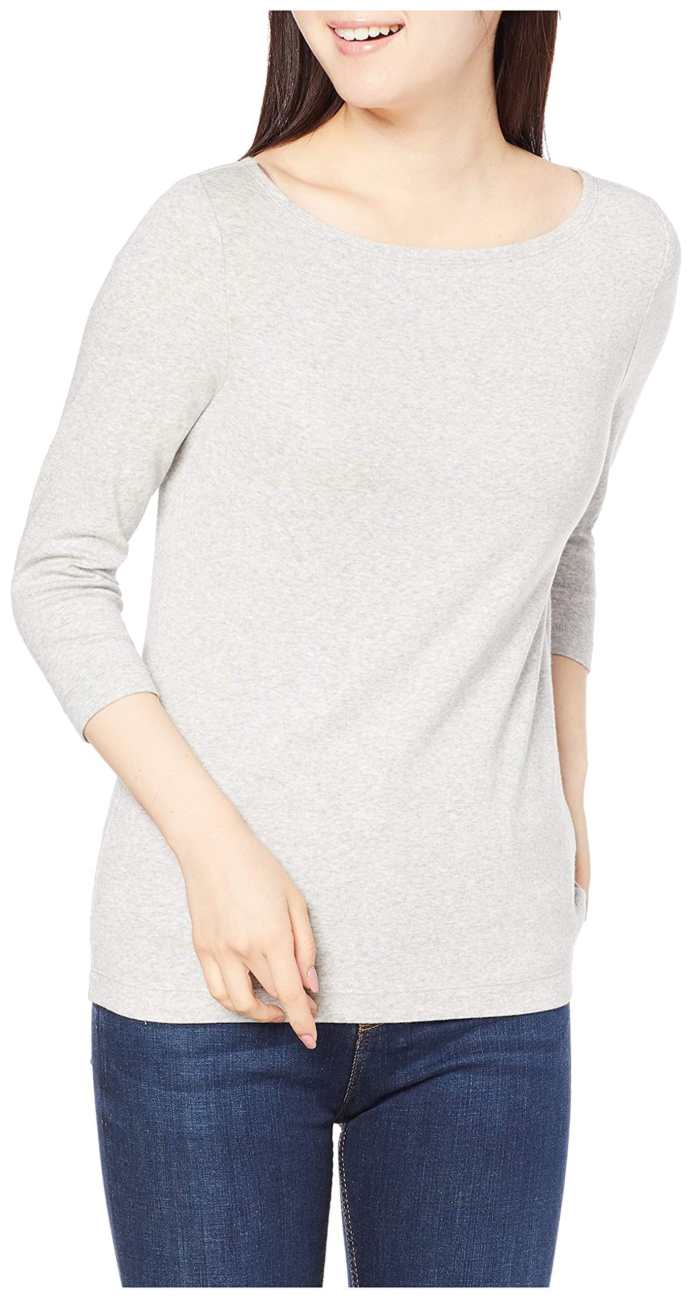 Photo 1 of Amazon Essentials Women's Slim-Fit 3/4 Sleeve Boat Neck T-Shirt, Light Grey Heather, Medium