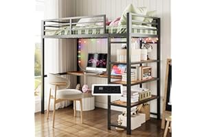 ANCTOR Loft Bed Twin Size with L Shaped Desk and Shelves, Heavy Duty Metal Loft Bed Frame with Power Outlet and LED Lighted, Space-Saving, Noise Free， Brown