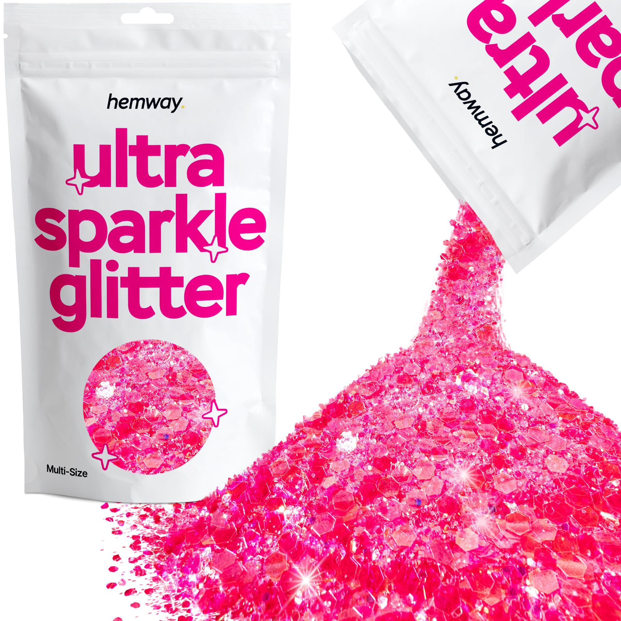 Hemway Ultra Sparkle Glitter Fluorescent Pink 100g Multi Size | Glitter for Arts & Craft, Makeup, Nail Art, Crafting, Card Making, Sparkle Decoration