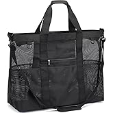 Fammart Mesh Beach Bag with Zipper, Large Beach Tote for Women, Toys Pool Swim Bag Travel Vacation Cruise Essentials
