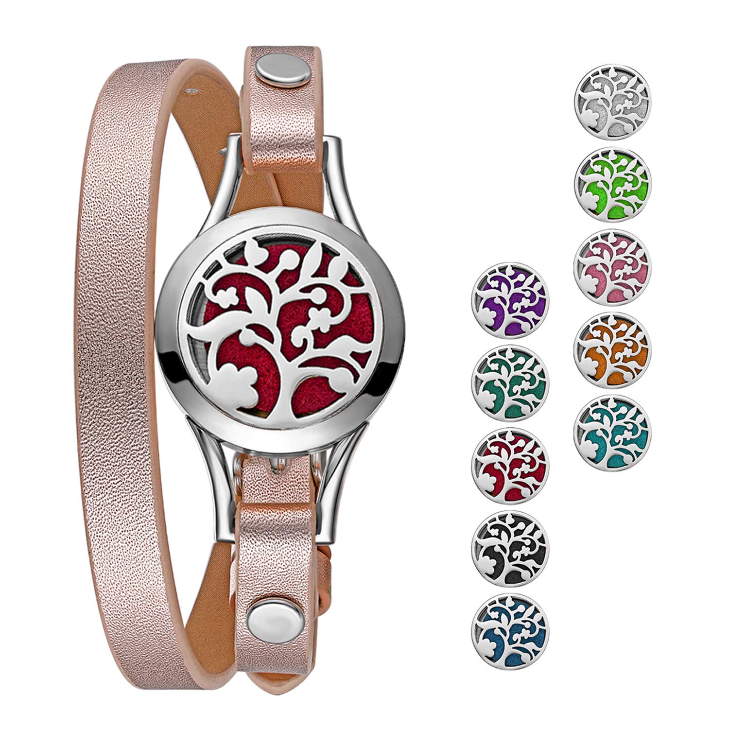 JewelryWe Tree of Life Diffuser Bracelet Essential Oil Aromatherapy Locket Bracelets Leather Band with 10 Color Pads for Girls Women
