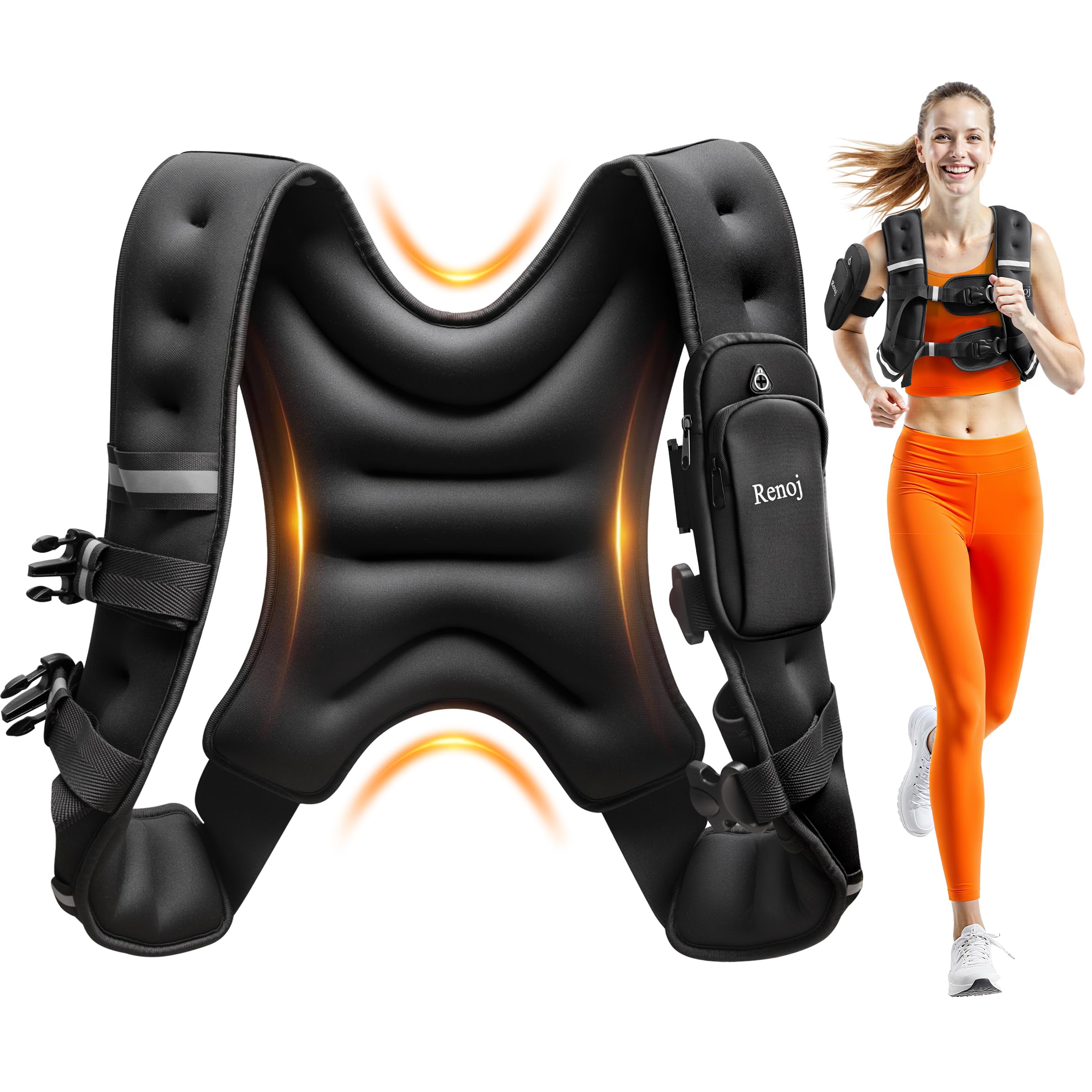 Renoj Weighted Vest for Women Men: Available in 6lb/8lb/10lb/11lb/12lb/14lb/16lb/20lb Fixed Weights for Walking, Running, Training, Exercise, Weight Loss - With Reflective Strips and Storage Pocket Image