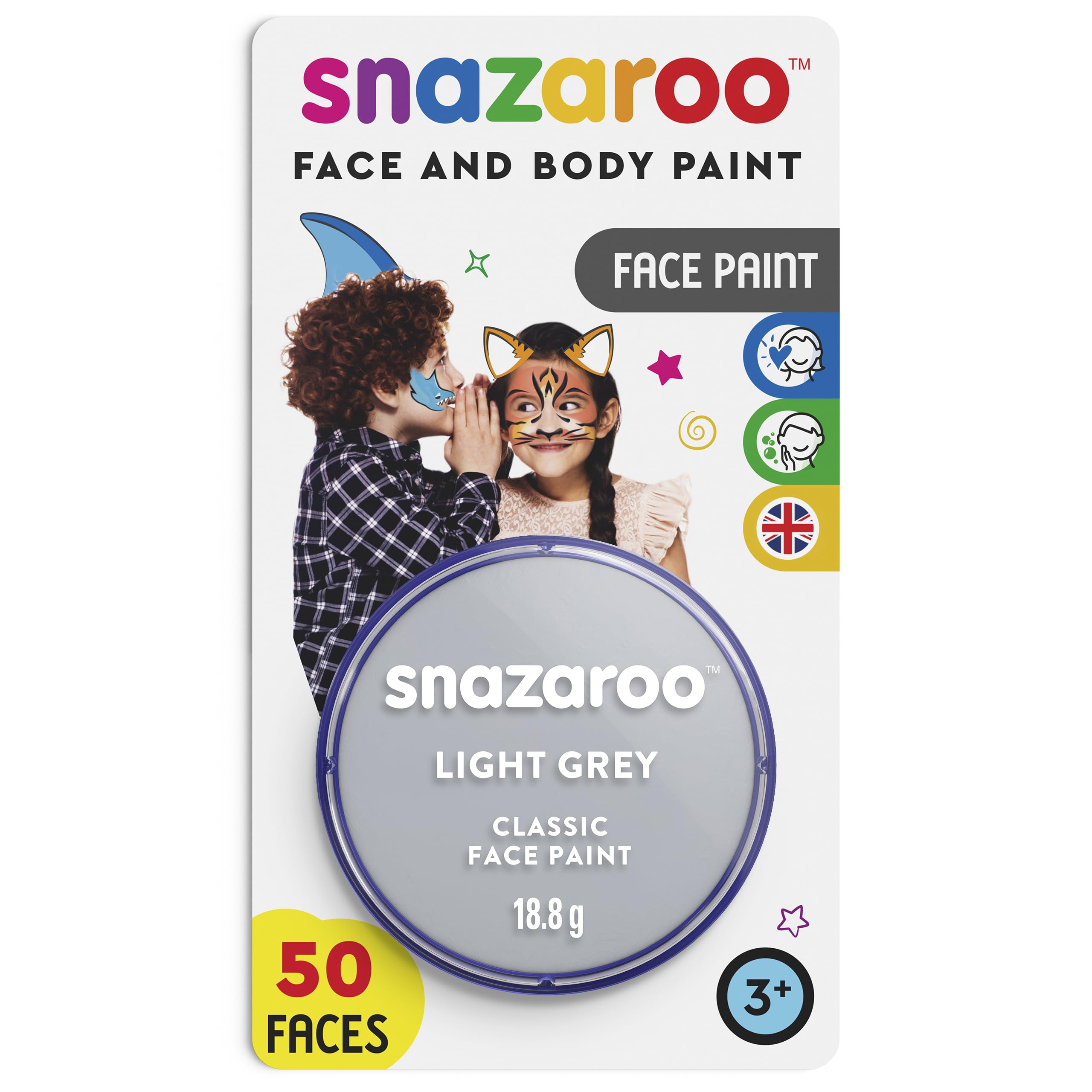 Snazaroo Classic Face and Body Paint for Kids and Adults, Blister Light Grey Colour, Water Based, Easily Washable, Non-Toxic, Makeup, Body Painting for Parties, for Ages 3+