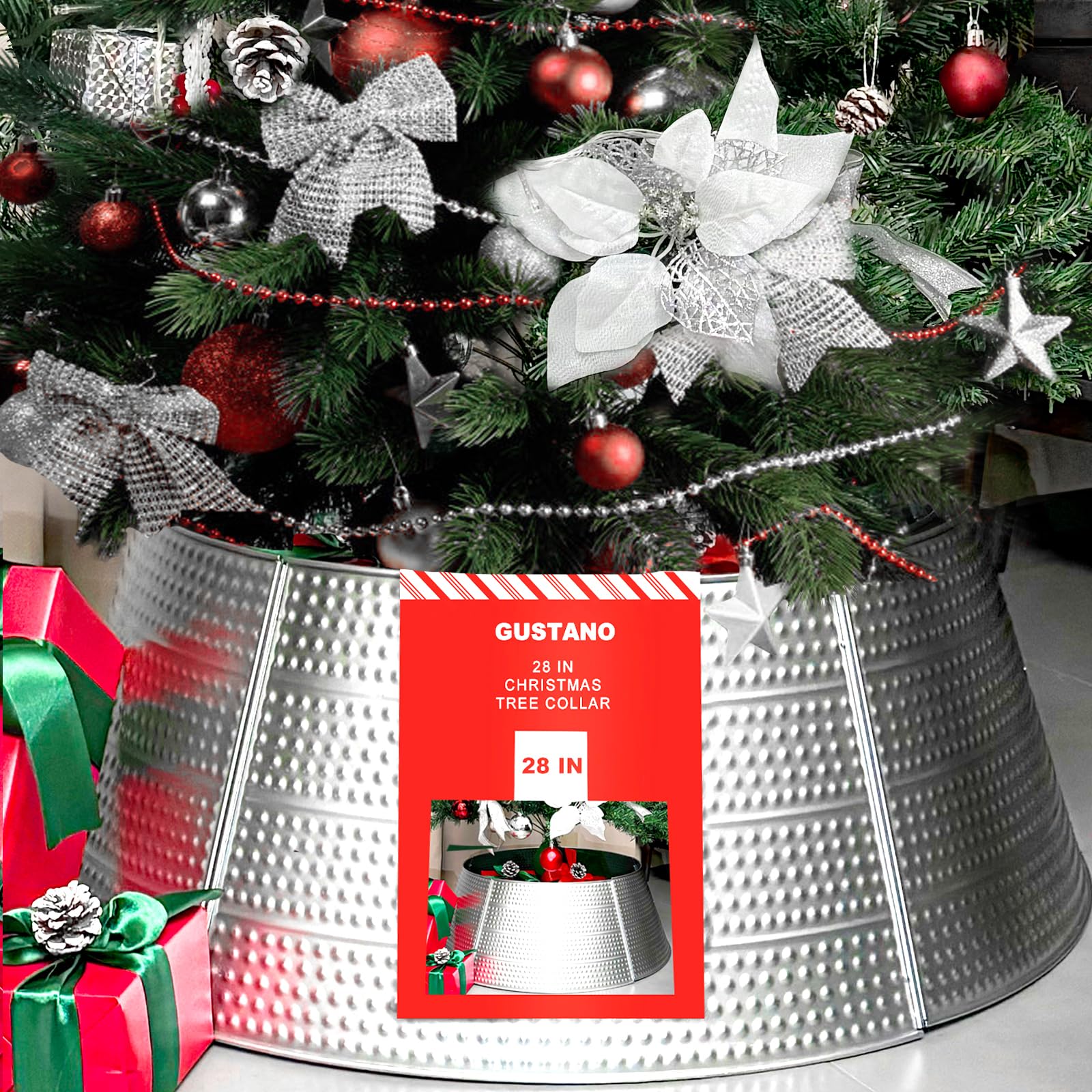 Photo 1 of GUSTANO 28'' Metal Christmas Tree Collar for Artificial Pencil Trees, Xmas Tree Ring Base Cover for Tree Stand, Ideal for Real Trees, Perfect for Festive Holiday Home Décor Indoor (Silver)