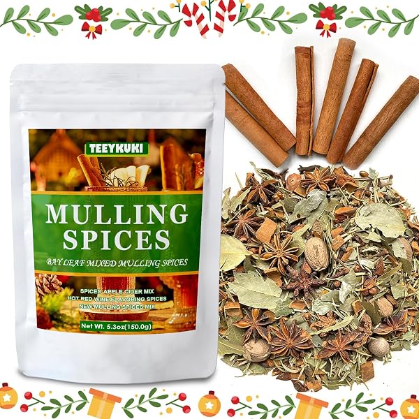 TEEYKUKI NEW FLAVOR MULLING SPICES FOR APPLE CIDER, 5.3OZ(150.0G), MULLING SPICES USED FOR WINE & HOT DRINKS ON CHRISTMAS DAY, GREAT MULLED WINE SPICES, BAY LEAF FLAVOR