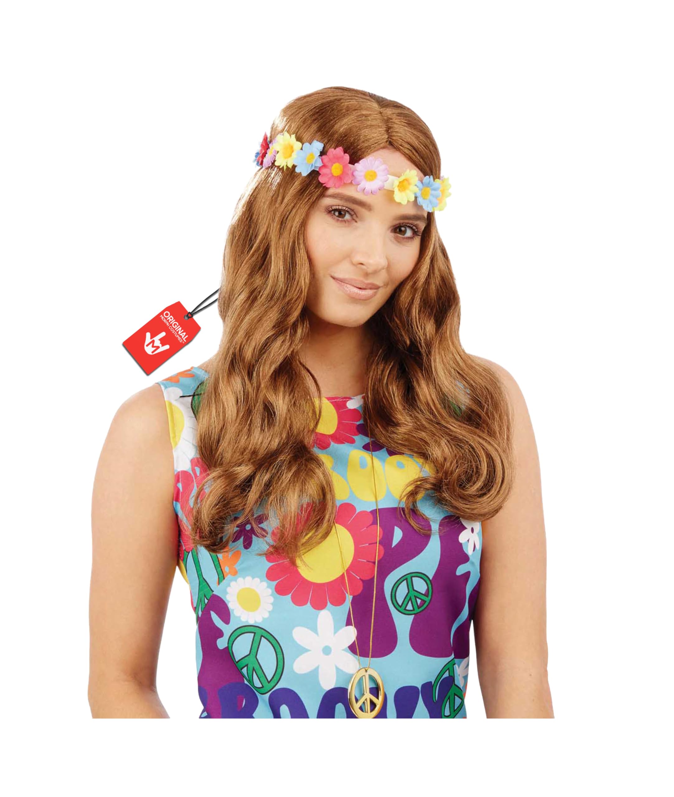 Fun Shack Wavy Hippie Wig, Floral Headband Hippy Wigs for Women, 70s Hippy Wig, Brunette Curly Hippie Wigs for Women One Size