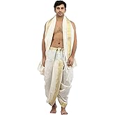 Dhoti and Angavastram Set with Wide Golden Border (Ready to Wear) - Art Silk