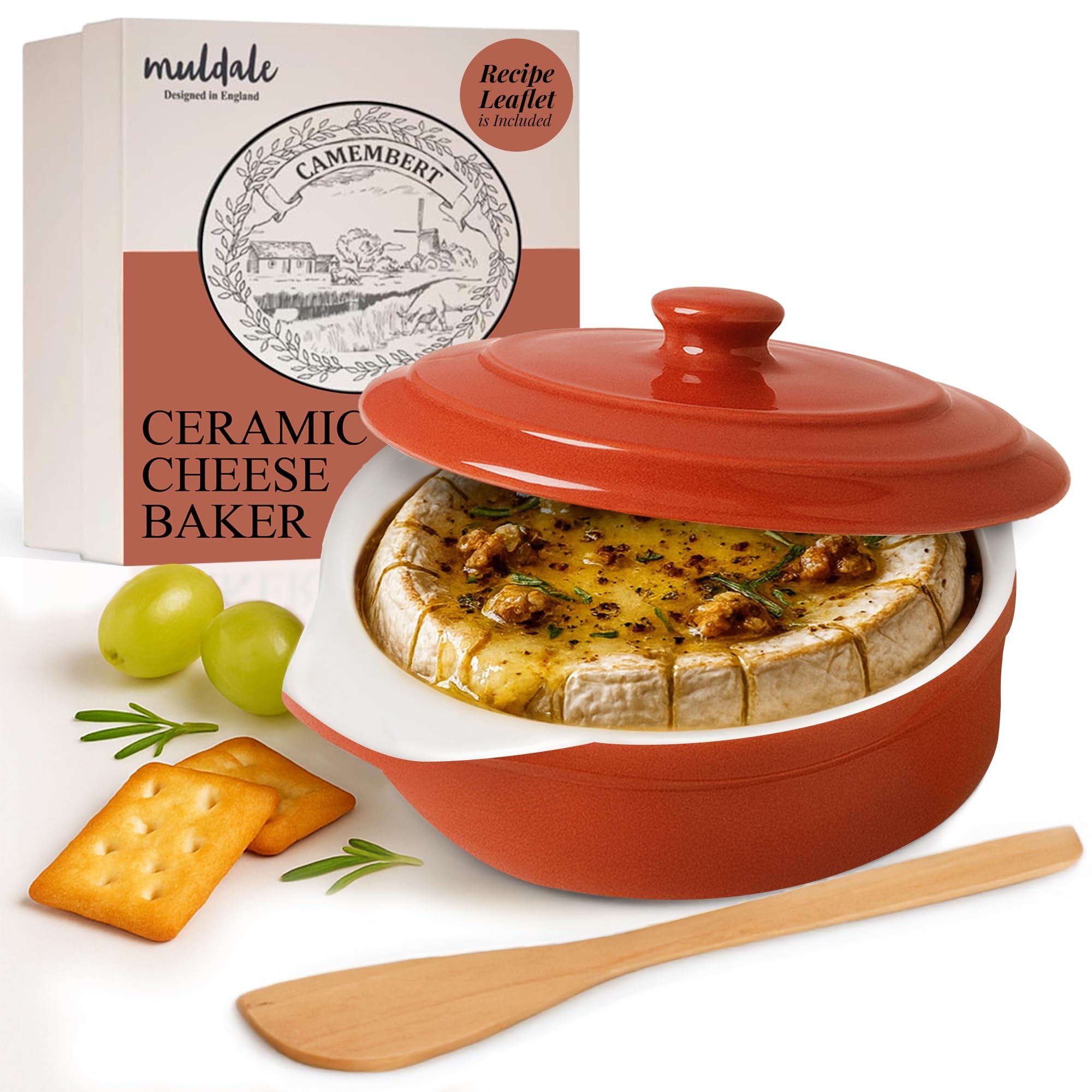Muldale Camembert Baking Dish - Camembert Cheese Baker in Red - Lead Free Brie Baking Dish with Lid - Baker Casserole - 14cm - With Spreader and Box