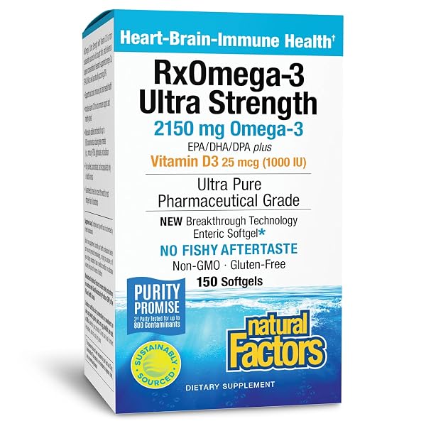 NATURAL FACTORS RXOMEGA-3 ULTRA STRENGTH – BRAIN & HEART HEALTH SUPPORT – EYE HEALTH SUPPLEMENT WITH EPA & DHA – SUPPLEMENT WITH OMEGA-3 FATTY ACIDS & VITAMIN D3-150 SOFTGELS (75 SERVINGS)