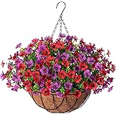 Artificial Silk Flowers Hanging Basket for Outdoor Indoor, Daisy with Eucalyptus Leaves Arrangement for Garden Yard Spring Summer Decor, Faux Green Plant in Metal Coconut Lining Pot(Red Purple)