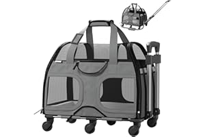 Katziela Rolling Pet Carrier for Small Dogs & Cats – Airline Compliant Soft-Sided Travel Bag with Removable Wheels, Telescopic Handle & Mesh Top (Gray/Black)