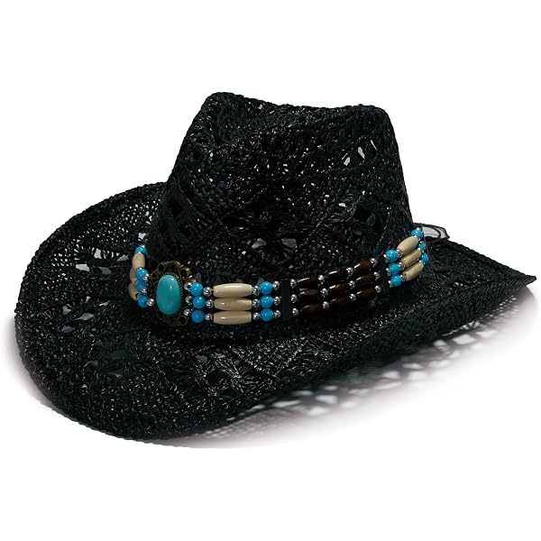 Boho Western Straw Cowboy Hat Star Or Beaded Band, Adjustable Unisex Festival? Brown Cowboy Hat with Turquoise Beaded Laced Band in Bulk main image 4