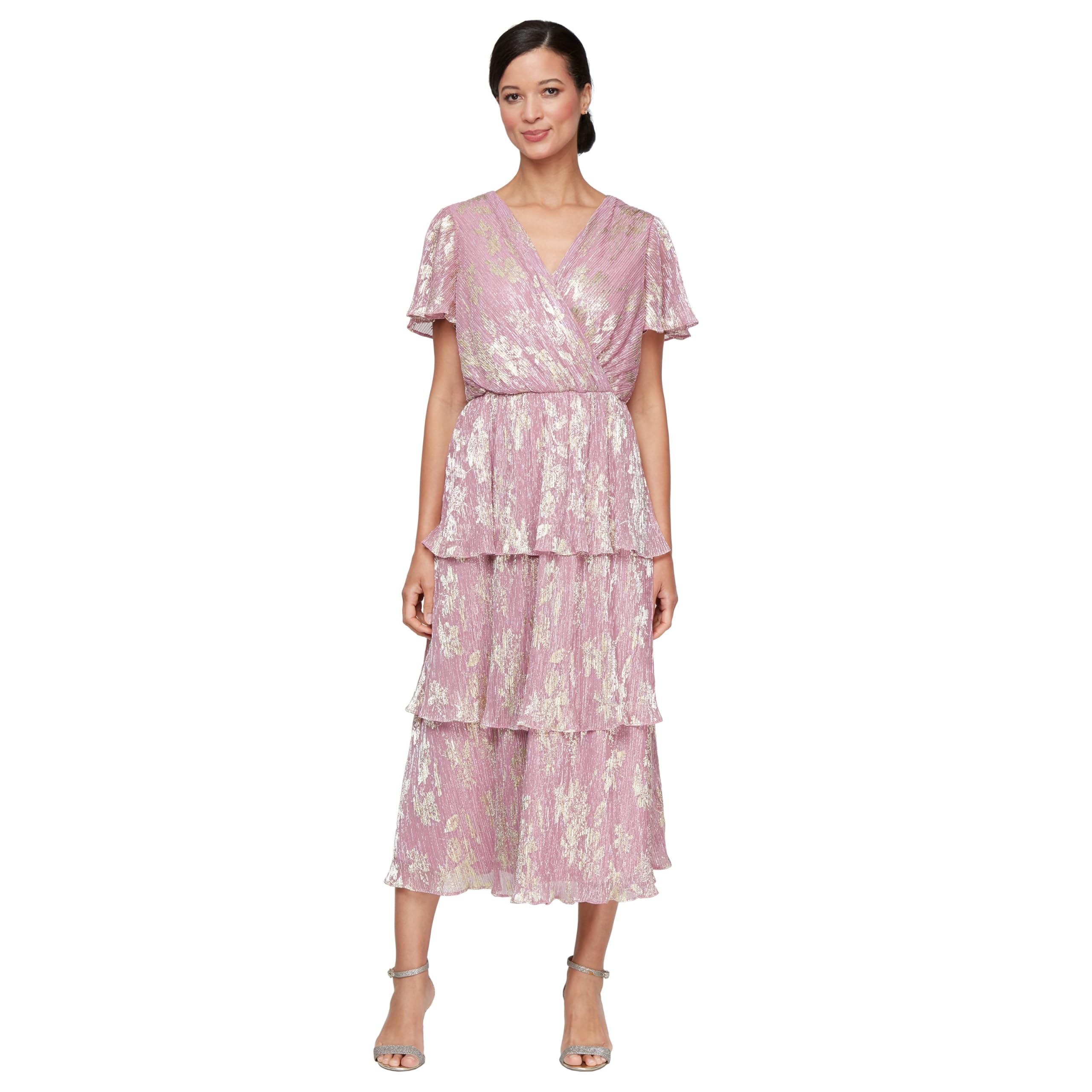S.L. Fashions Women’s Short Sleeve V-Neck Midi Cocktail Dress W/Ruched Waist, Wedding Guest Gown (Petite and Regular Sizes), Blush, 6
