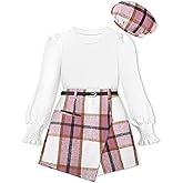 AGAPENG Girl Skirt Sets Smocked Cuffed Fall Outfits Puff Sleeve Tops Plaid Skirt Shorts Adjustable Belt Winter Clothes