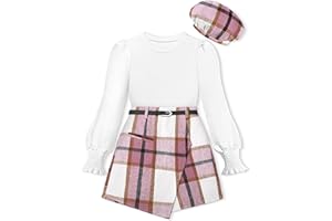 AGAPENG Girl Skirt Sets Smocked Cuffed Fall Outfits Puff Sleeve Tops Plaid Skirt Shorts Adjustable Belt Winter Clothes