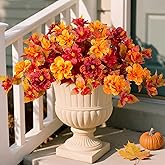INXUGAO Fall Flowers Artificial for Outdoors Decoration, 2PCS Fake Fall Flowers for Outdoor Planters, Autumn Faux Hibiscus UV Resistant No Fade for Home Porch Patio Garden Balcony Yard Indoor Decor
