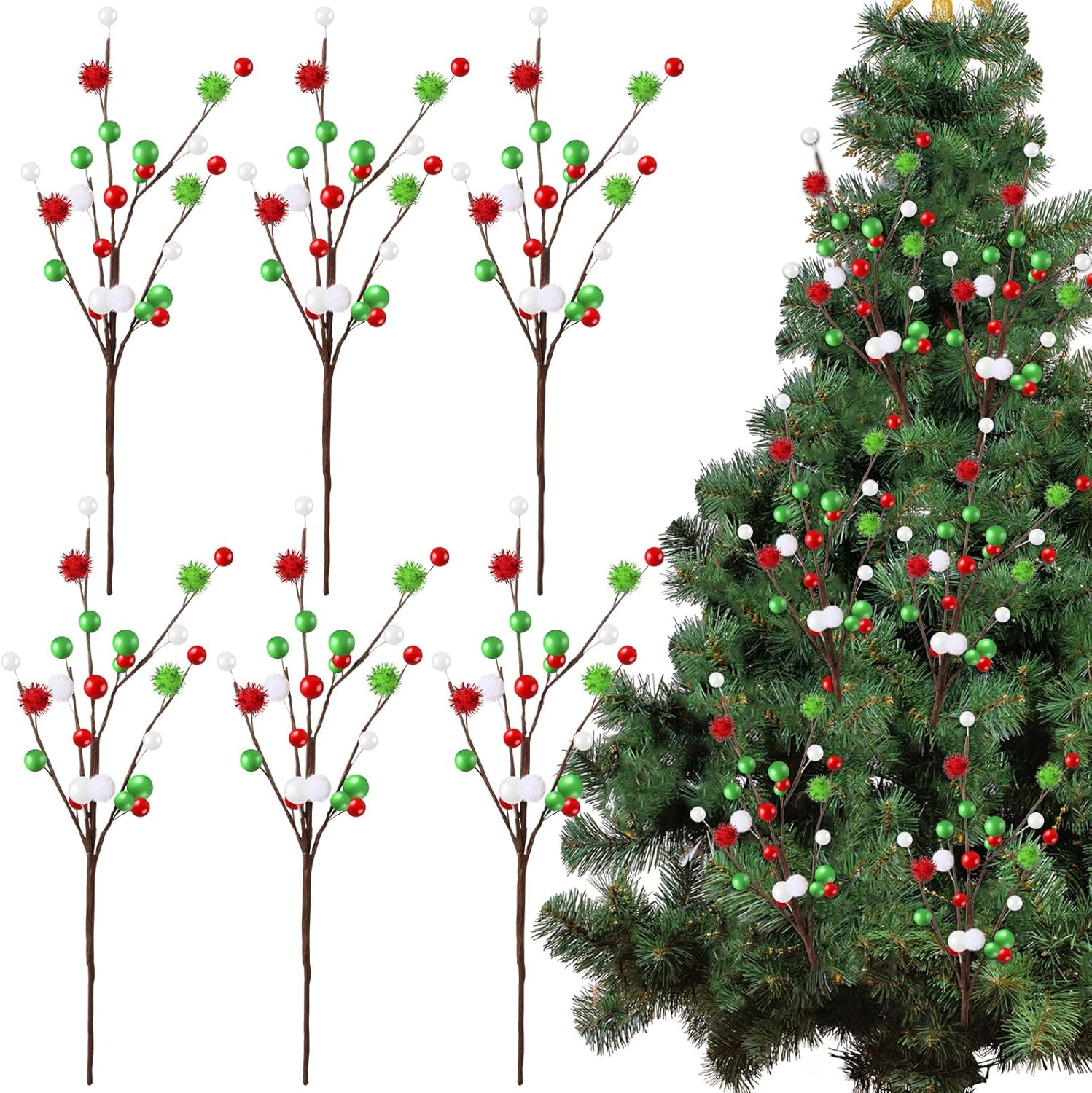 Tree Toppers - Hotop 6 Pcs 16 Inch Christmas Tree Picks Decorations Red Green Christmas Sprays Ornaments Xmas Floral Branches and Ball Picks Decoration for Holiday Tree Topper Decor
