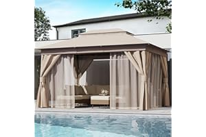 LAUSAINT HOME Semi-Permanent Patio Gazebo 10'x13' with Expansion Bolts, Outdoor Heavy Duty Party Tent Shelter with Double Roofs, Mosquito Nets and Privacy Screens for Backyard, Garden, Lawn, Khaki