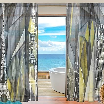 Xmcl Sheer Curtains Window Oil Painting Triptych Decorative Long