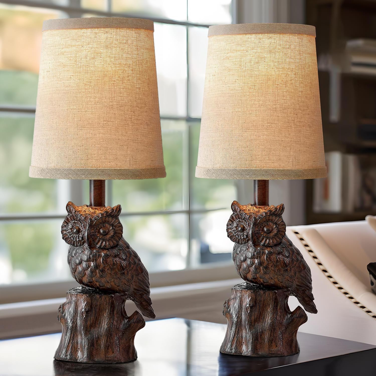 Photo 1 of G-SAFAVA 14.25" Small Table Lamps Set of 2 Table Lamps for Living Room Bedroom Owl Lamps for Home Decor Rustic Farmhouse Lamp Vintage Bedside Table Lamp Resin Lamp Retro Nightstand Lamp, Brown