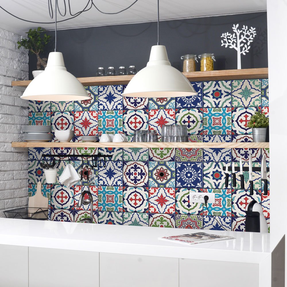 RE-COVERTILES - Tile Stickers for Bathroom and Kitchen 12 Pcs 15x15 cm - PS00036 Wall Decoration in Waterproof PVC Mosaic Tiles Style Azulejos Cement Tiles